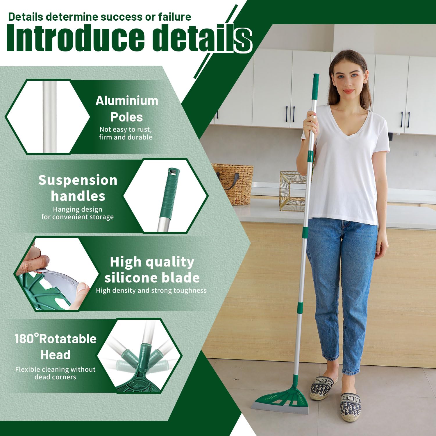 Squeegee Broom with Replaceable V-Shape Brush Head for Floor, Tile, Deck, Window, Bonus 2 Rod Holder Storage Clips, Dark Green