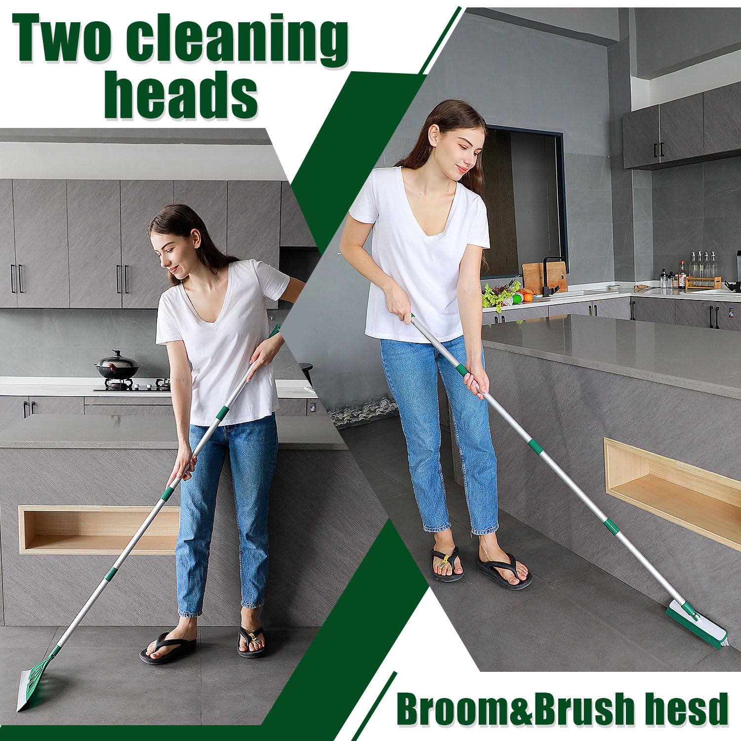 Squeegee Broom with Replaceable V-Shape Brush Head for Floor, Tile, Deck, Window, Bonus 2 Rod Holder Storage Clips, Dark Green