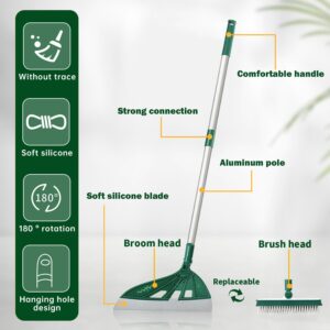 Squeegee Broom with Replaceable V-Shape Brush Head for Floor, Tile, Deck, Window, Bonus 2 Rod Holder Storage Clips, Dark Green