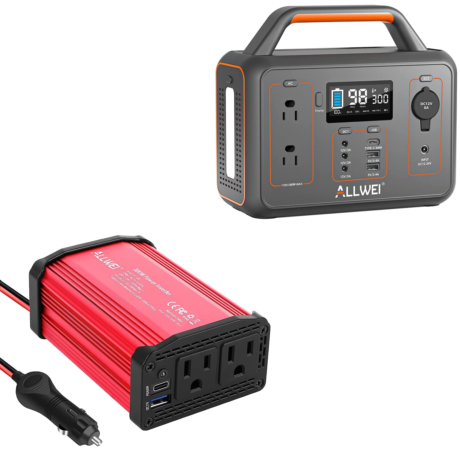 ALLWEI 300W Portable Power Station and 300W Red Car Power Inverter, 280Wh Backup Lithium Battery, USB-C PD60W, 110V Pure Sine Wave AC Outlet, 78000mAh Solar Power Generator LED Light for Camping