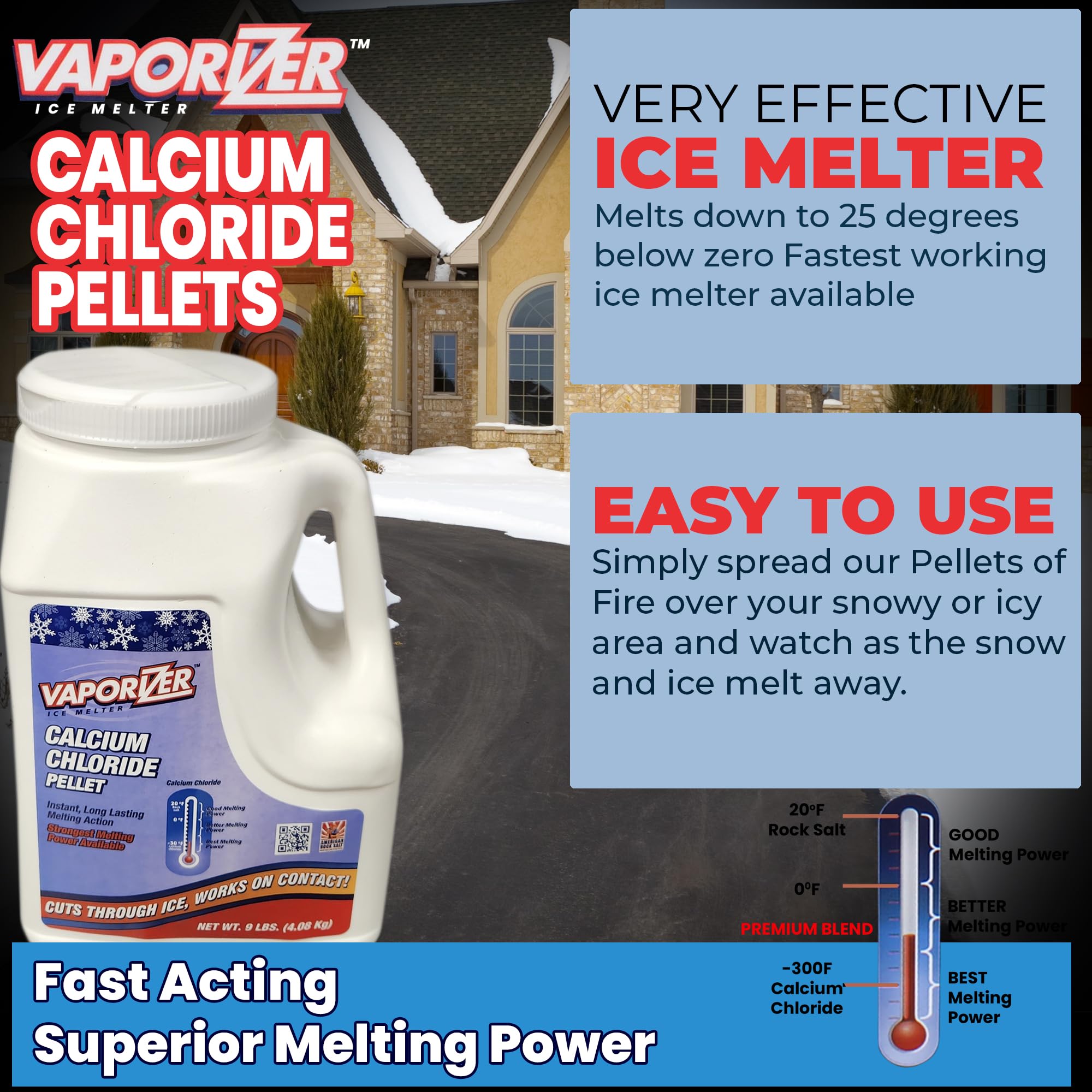 Vaporizer 90% Pure Calcium Chloride Snow & Ice Melt Pellets | Effective at -25° | 9 lb Jug | Concrete Safe Ice Melt | Easy Spreader