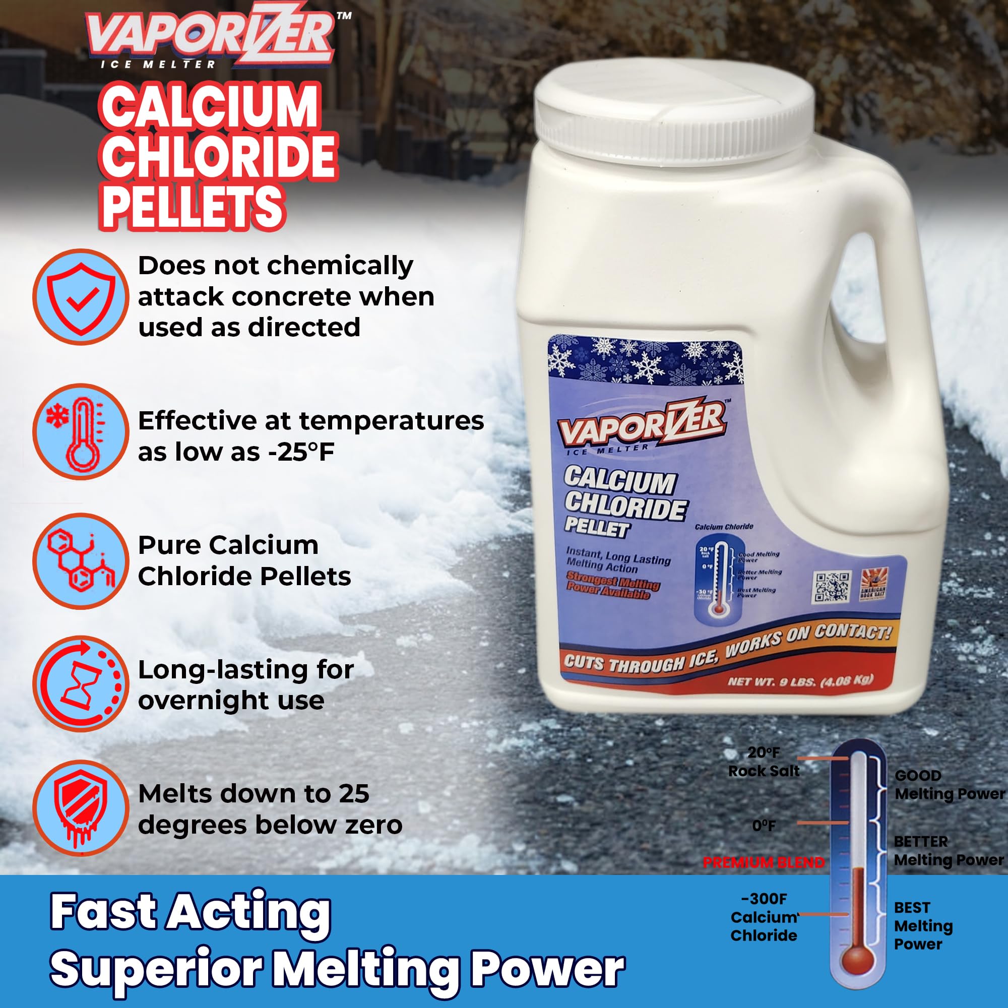 Vaporizer 90% Pure Calcium Chloride Snow & Ice Melt Pellets | Effective at -25° | 9 lb Jug | Concrete Safe Ice Melt | Easy Spreader