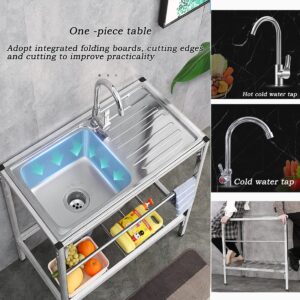 YZJJ Utility Sink Single Bowl Stainless Steel Commercial Kitchen Simple Laundry Sink with Left Drainboard for Laundry Backyard Garage Camping Portable Handwashing Station (Color : Hot Cold Water tap)