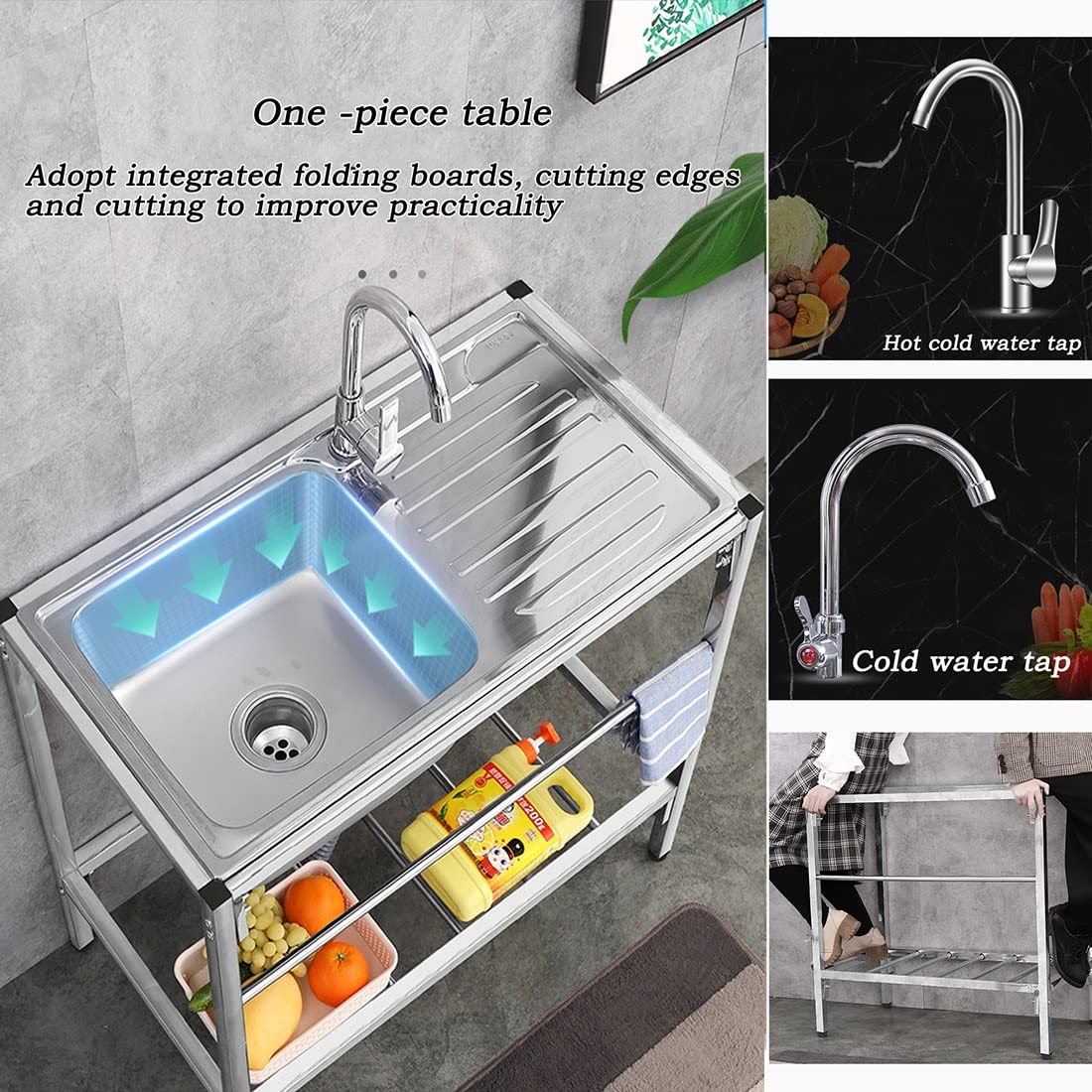 YZJJ Utility Sink Single Bowl Stainless Steel Commercial Kitchen Simple Laundry Sink with Left Drainboard for Laundry Backyard Garage Camping Portable Handwashing Station (Color : Hot Cold Water tap)