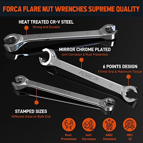 FORCA Flare Nut Wrench Set (11 Pcs Metric & SAE) 1/4" to 7/8" & 9-21mm, CR-V Steel Brake Line Wrench Set with Organizer Pouch