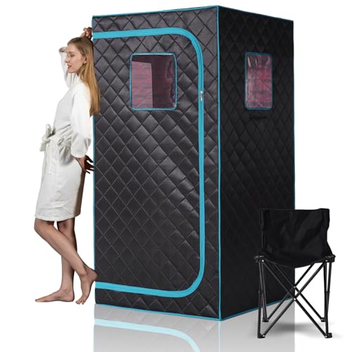 Smartmak Portable Full Size Infrared Sauna for Home| One Person Spa Tent| Personal Indoor Saunas with Separate Heating Foot Pad and Reinforced Chair for Relaxation(33.9" L*33.9" W*66.6" H Blackgreen)