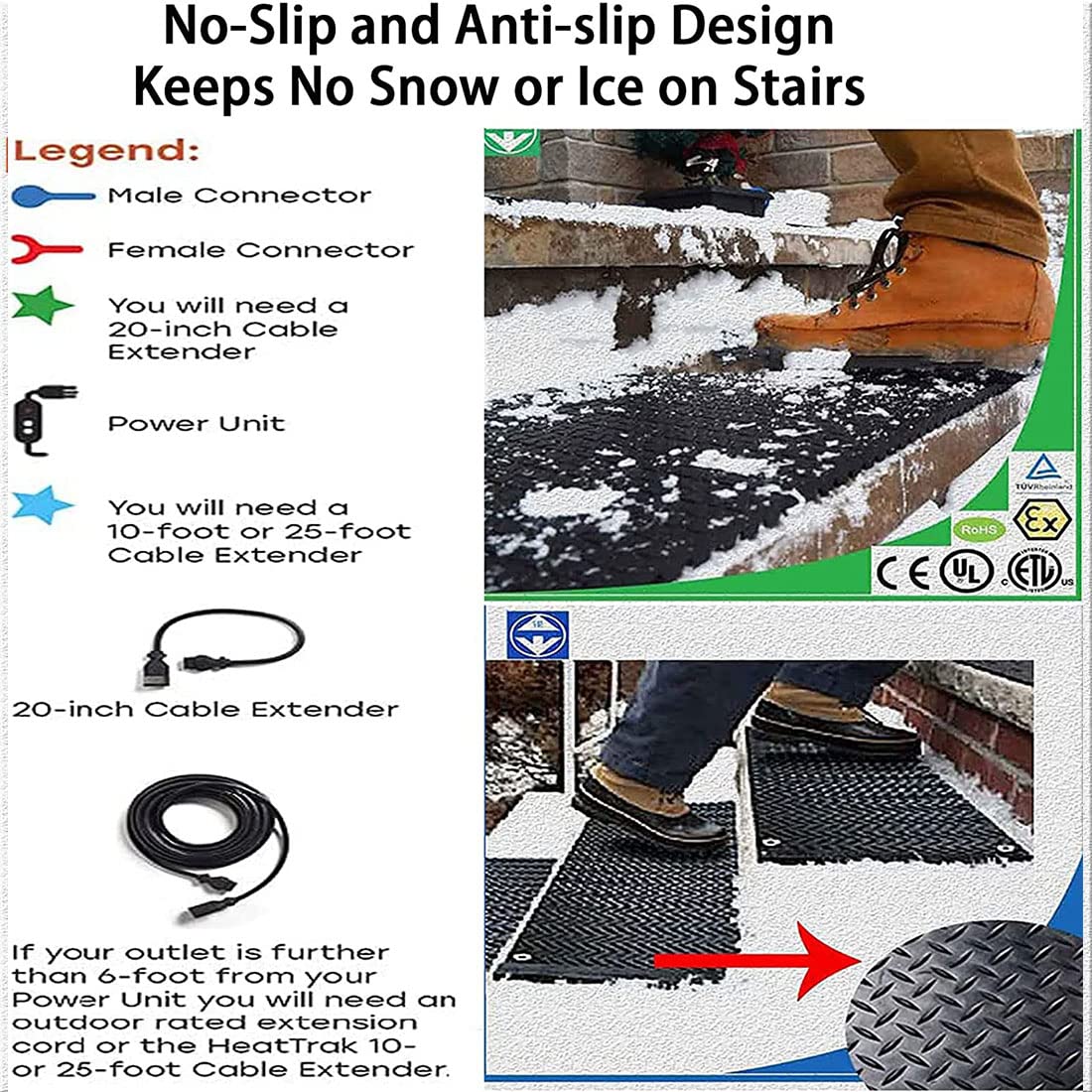 Residential Heated Snow Melting Heated Stair Mat, PVC Heated Snow and Ice Melting Mat with Power Cord, Slip Stair Heating Outdoor Mats 2 in/h Melting Speed for Winter Snow Removal (25.4x38.1cm)