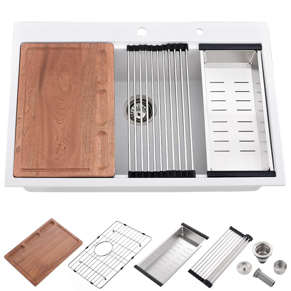 33 White Drop In Kitchen Sink Workstation-iAnomla 33x22 Drop-in Topmount Quartz Composite White Kitchen Sink Drop In Workstation Single Bowl Kitchen Sink with Cutting Board&Drain