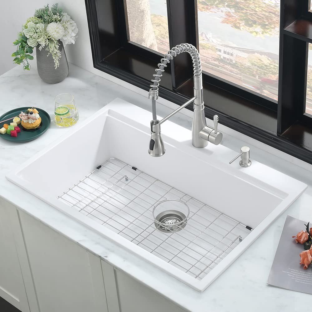 33 White Drop In Kitchen Sink Workstation-iAnomla 33x22 Drop-in Topmount Quartz Composite White Kitchen Sink Drop In Workstation Single Bowl Kitchen Sink with Cutting Board&Drain