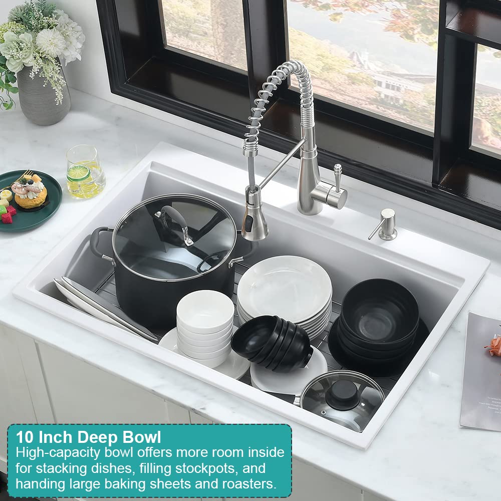 33 White Drop In Kitchen Sink Workstation-iAnomla 33x22 Drop-in Topmount Quartz Composite White Kitchen Sink Drop In Workstation Single Bowl Kitchen Sink with Cutting Board&Drain