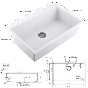 33 White Drop In Kitchen Sink Workstation-iAnomla 33x22 Drop-in Topmount Quartz Composite White Kitchen Sink Drop In Workstation Single Bowl Kitchen Sink with Cutting Board&Drain