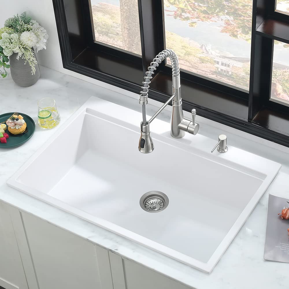 33 White Drop In Kitchen Sink Workstation-iAnomla 33x22 Drop-in Topmount Quartz Composite White Kitchen Sink Drop In Workstation Single Bowl Kitchen Sink with Cutting Board&Drain