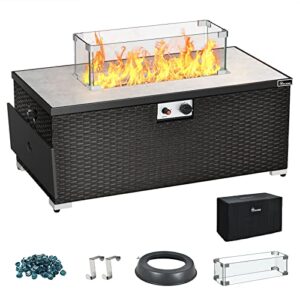yitahome 43 inch propane fire pit table and resin wicker base 50,000 btu gas fire pit with ceramic tile tabletop, fire glass beads, cover, rectangle outdoor firetable for patio garden backyard (black)