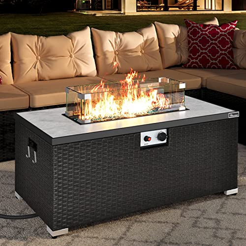 YITAHOME 43 Inch Propane Fire Pit Table and Resin Wicker Base 50,000 BTU Gas Fire Pit with Ceramic tile Tabletop, Fire Glass Beads, Cover, Rectangle Outdoor Firetable for Patio Garden Backyard (Black)