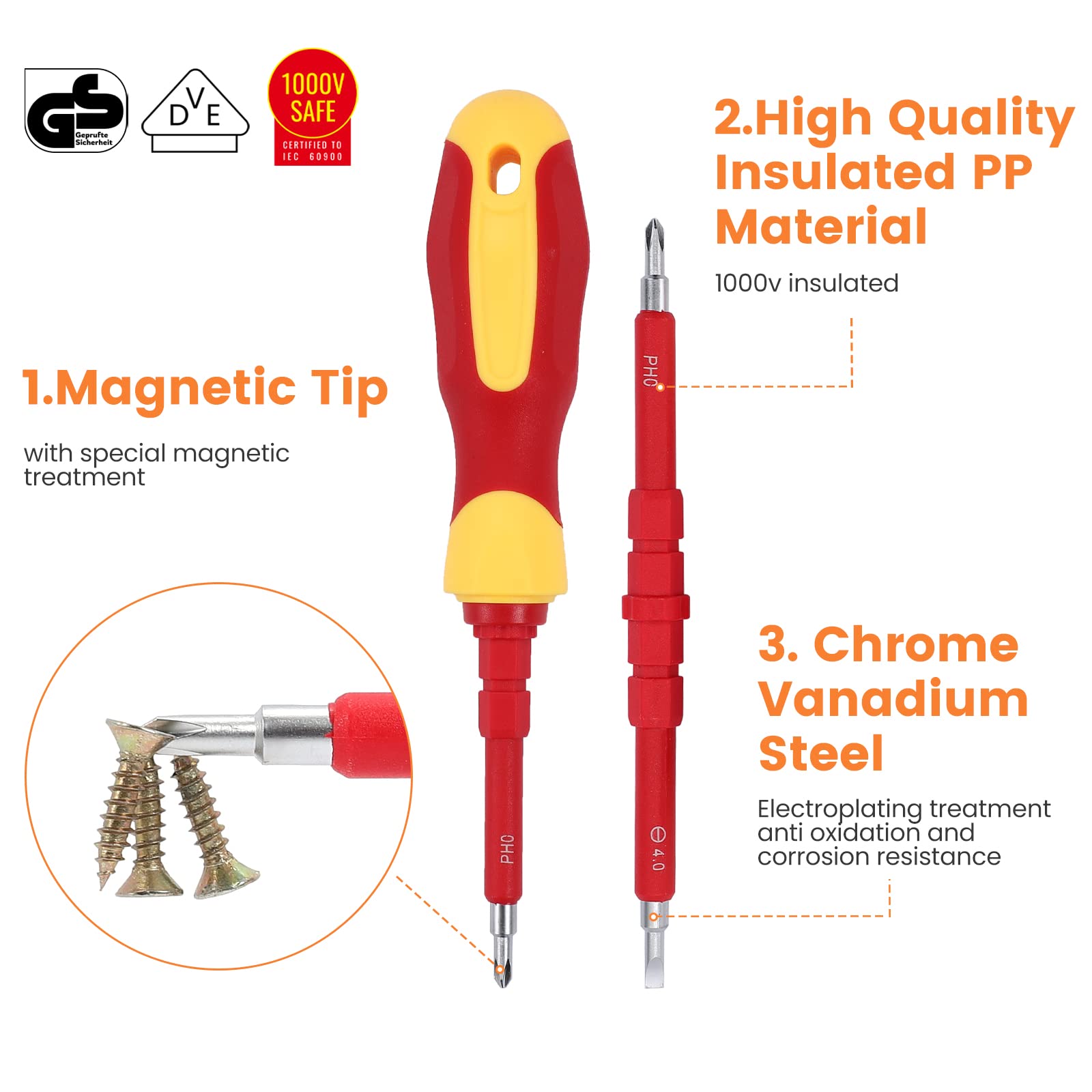 ToolinHand1000V Insulated Electrician Screwdriver Set Phillips Slotted Torx Hex Square Strong Magnetic Bit Professional Electrical Screw Driver Set Tools for Man with Case Household Repair