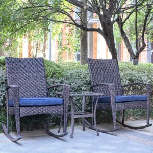 3 piece wicker patio furniture sets, outdoor wicker rocking chairs patio bistro set, rattan chairs patio furniture set for porch lawn poolside backyard with glass coffee table, brown and navy