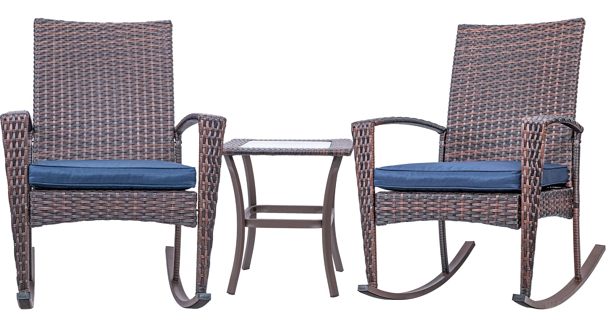 3 Piece Wicker Patio Furniture Sets, Outdoor Wicker Rocking Chairs Patio Bistro Set, Rattan Chairs Patio Furniture Set for Porch Lawn Poolside Backyard with Glass Coffee Table, Brown and Navy