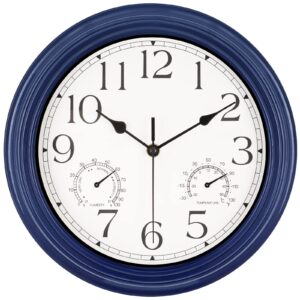 mofine outdoor clocks for patio waterproof with thermometer, battery operated outdoor wall clock silent non ticking, small outdoor clock for pool/backyard/lanai/fence, 12 inch-navy blue