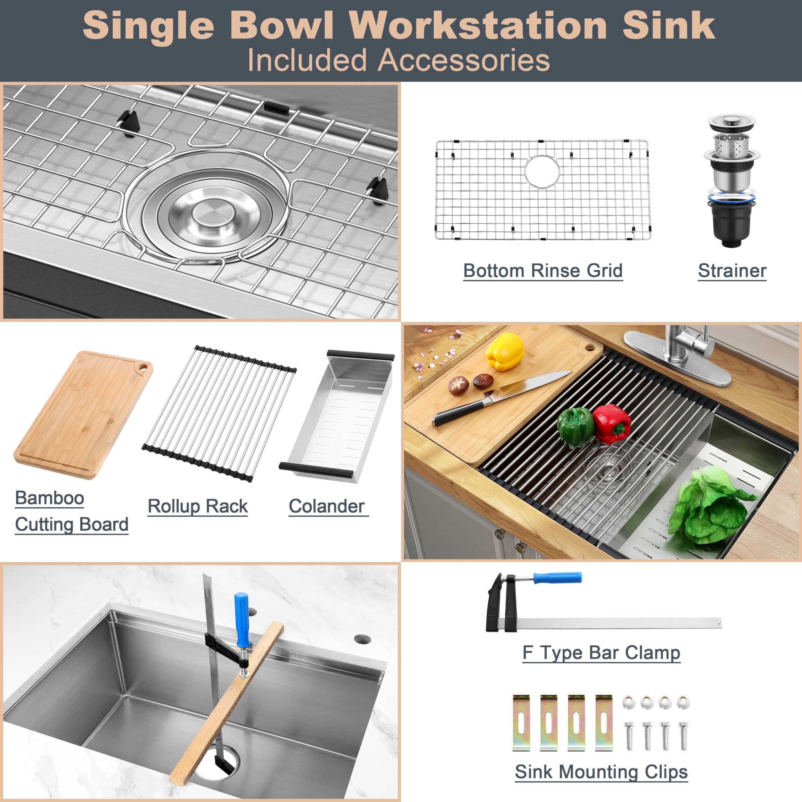 Herogo Kitchen Sink, 33x19 Inch Large Farmhouse Undermount Kitchen Sink, Stainless Steel R10 Corner Workstation Single Bowl 10 Inch Deep Kitchen Sinks with Accessories