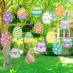 ferraycle 16 pcs easter decorations outdoor easter eggs hanging ornaments for tree large colorful egg shape double sided plastic slice hanging sign for easter yard lawn porch party decor(vibrant egg)