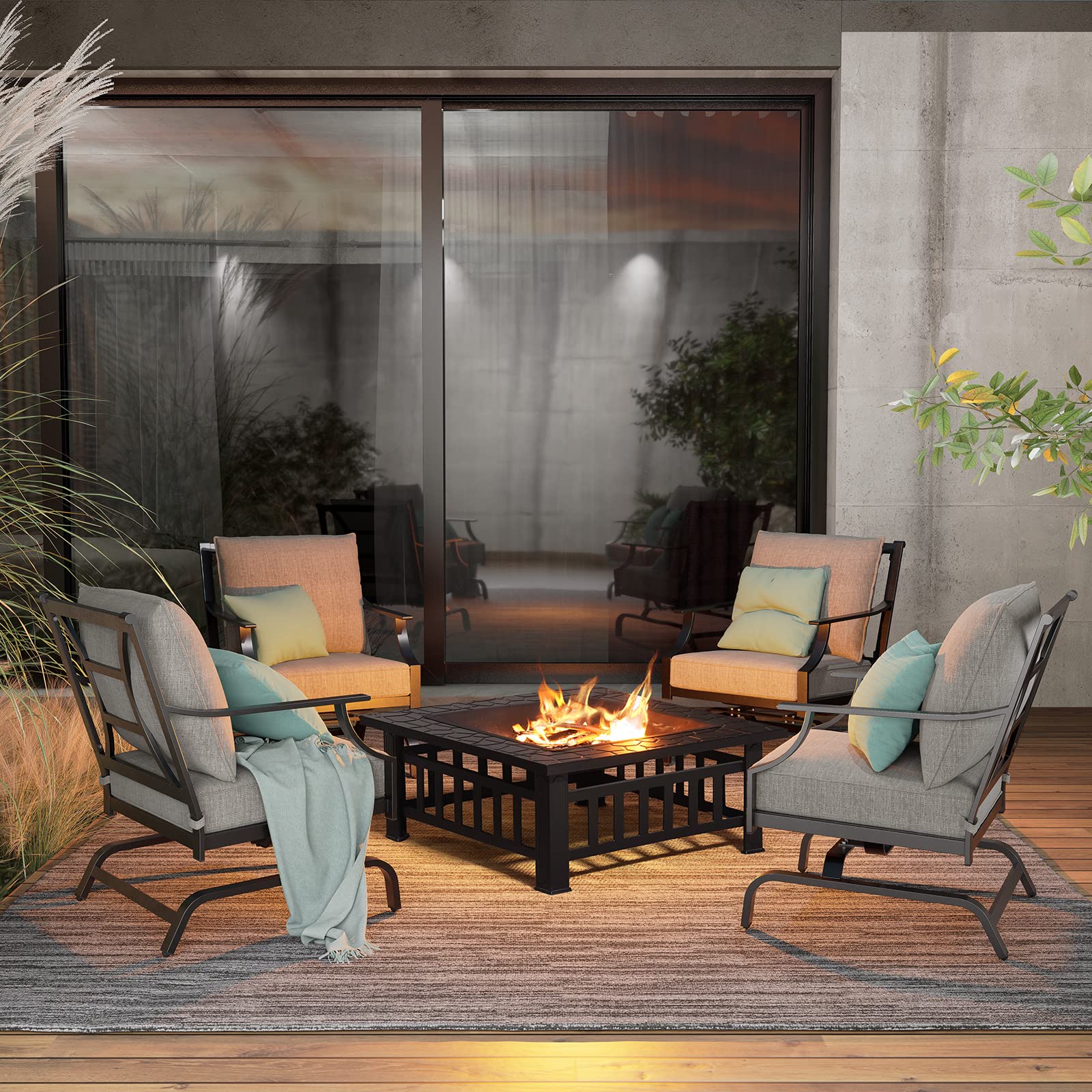 Grand patio Outdoor 5 Pieces Furniture Set,4 Motion Patio Chairs and 32" Wood Burning Fire Pit,Gray