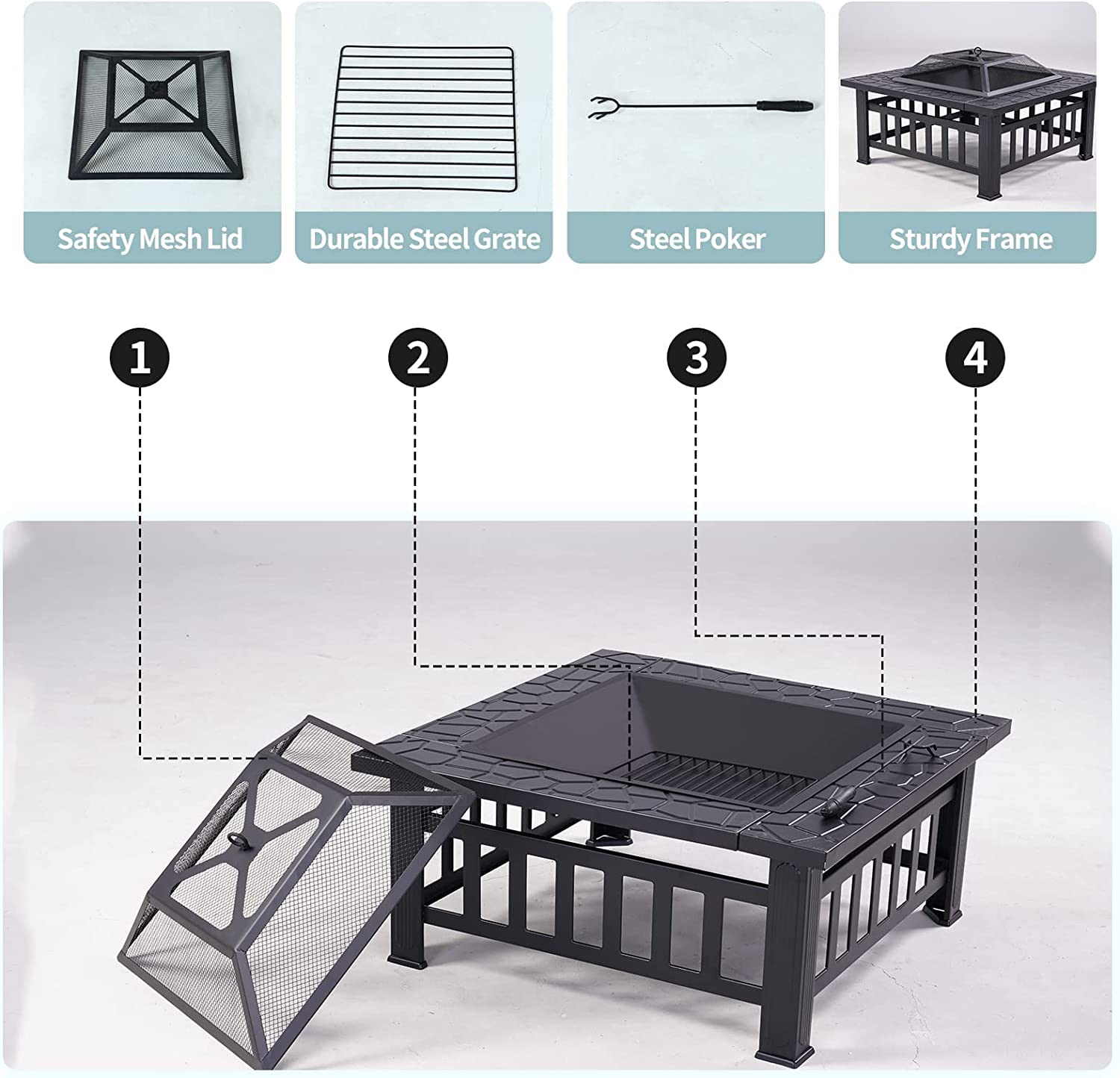 Grand patio Outdoor 5 Pieces Furniture Set,4 Motion Patio Chairs and 32" Wood Burning Fire Pit,Gray