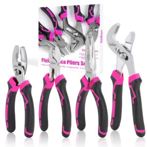 4pc pliers set, premium cr-v/cr-ni pink pliers tool sets for women, with needle-nose plier, slip joint plier, groove joint plier and diagonal plier, for basic repair