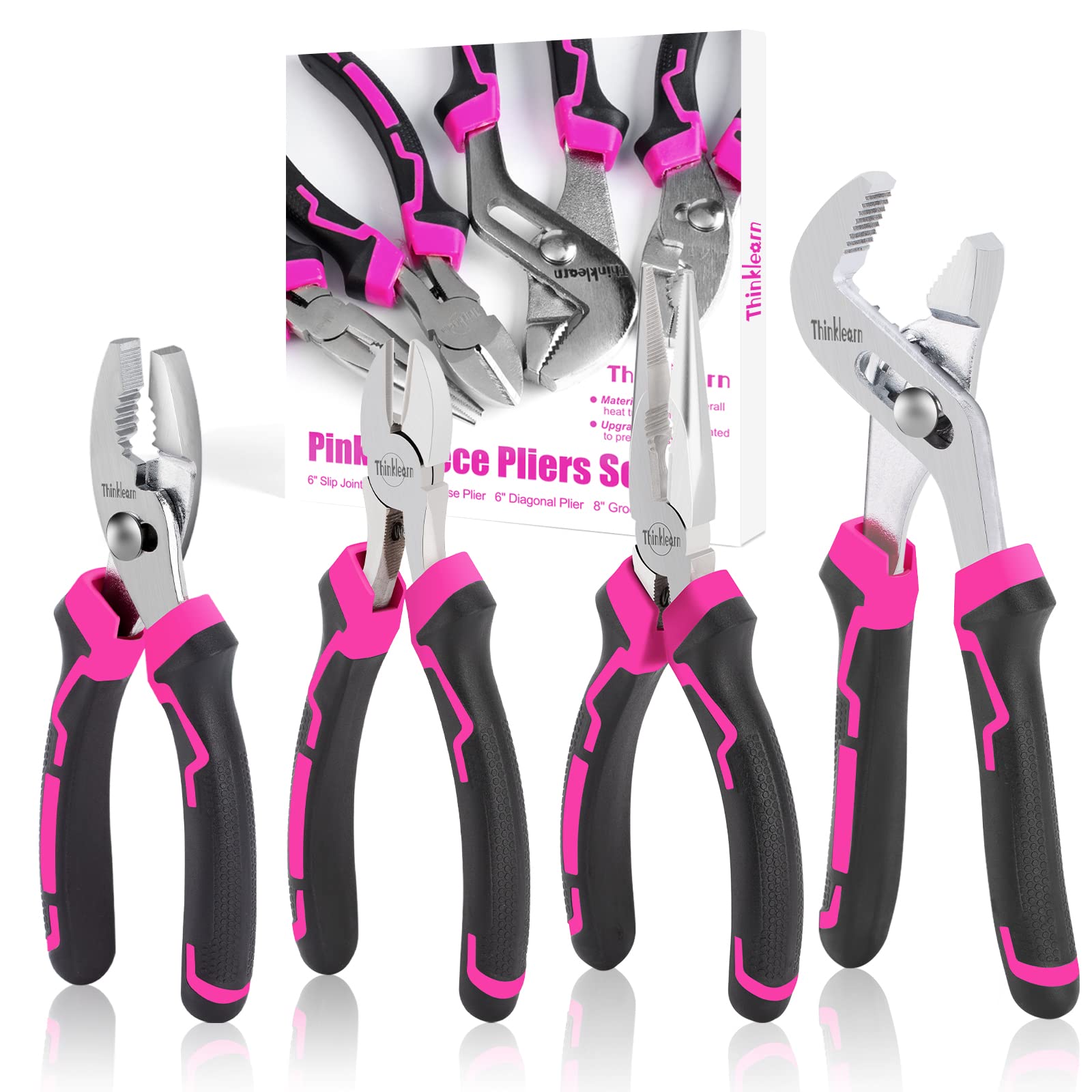 4PC Pliers Set, Premium CR-V/Cr-Ni Pink Pliers Tool Sets for Women, With Needle-Nose Plier, Slip Joint Plier, Groove Joint Plier and Diagonal Plier, for Basic Repair