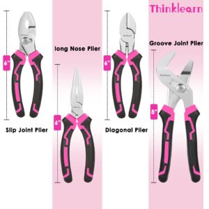 4PC Pliers Set, Premium CR-V/Cr-Ni Pink Pliers Tool Sets for Women, With Needle-Nose Plier, Slip Joint Plier, Groove Joint Plier and Diagonal Plier, for Basic Repair