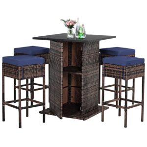 tangkula 5 piece outdoor rattan bar set, patio bar furniture with 4 cushions stools and smooth top table with hidden storage shelf, outdoor conversation set for poolside, backyard, lawn (navy blue)