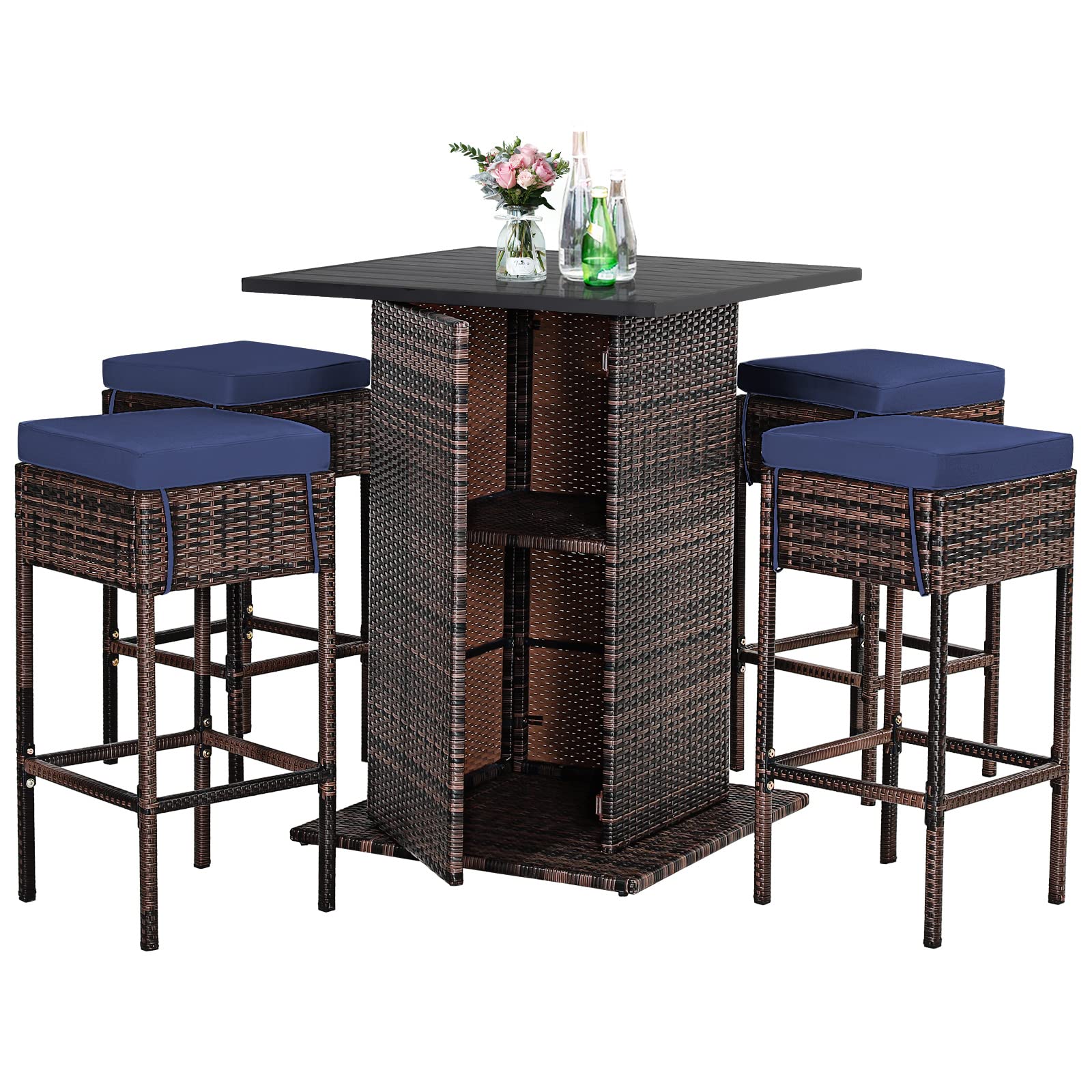 Tangkula 5 Piece Outdoor Rattan Bar Set, Patio Bar Furniture with 4 Cushions Stools and Smooth Top Table with Hidden Storage Shelf, Outdoor Conversation Set for Poolside, Backyard, Lawn (Navy Blue)