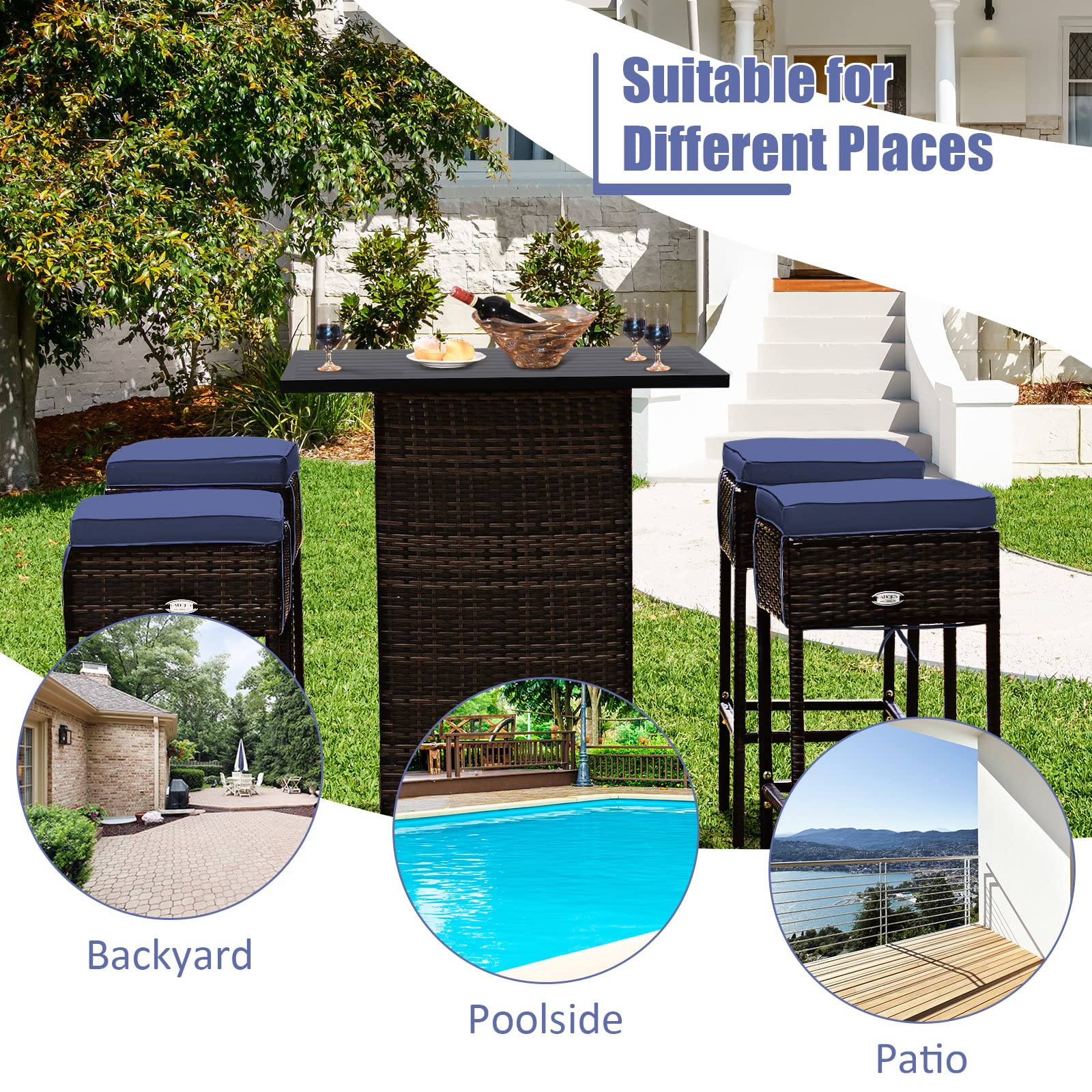 Tangkula 5 Piece Outdoor Rattan Bar Set, Patio Bar Furniture with 4 Cushions Stools and Smooth Top Table with Hidden Storage Shelf, Outdoor Conversation Set for Poolside, Backyard, Lawn (Navy Blue)