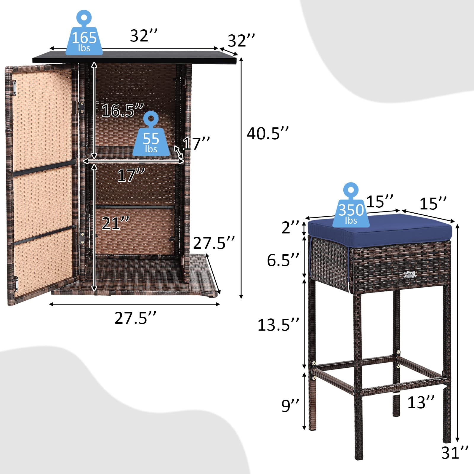 Tangkula 5 Piece Outdoor Rattan Bar Set, Patio Bar Furniture with 4 Cushions Stools and Smooth Top Table with Hidden Storage Shelf, Outdoor Conversation Set for Poolside, Backyard, Lawn (Navy Blue)