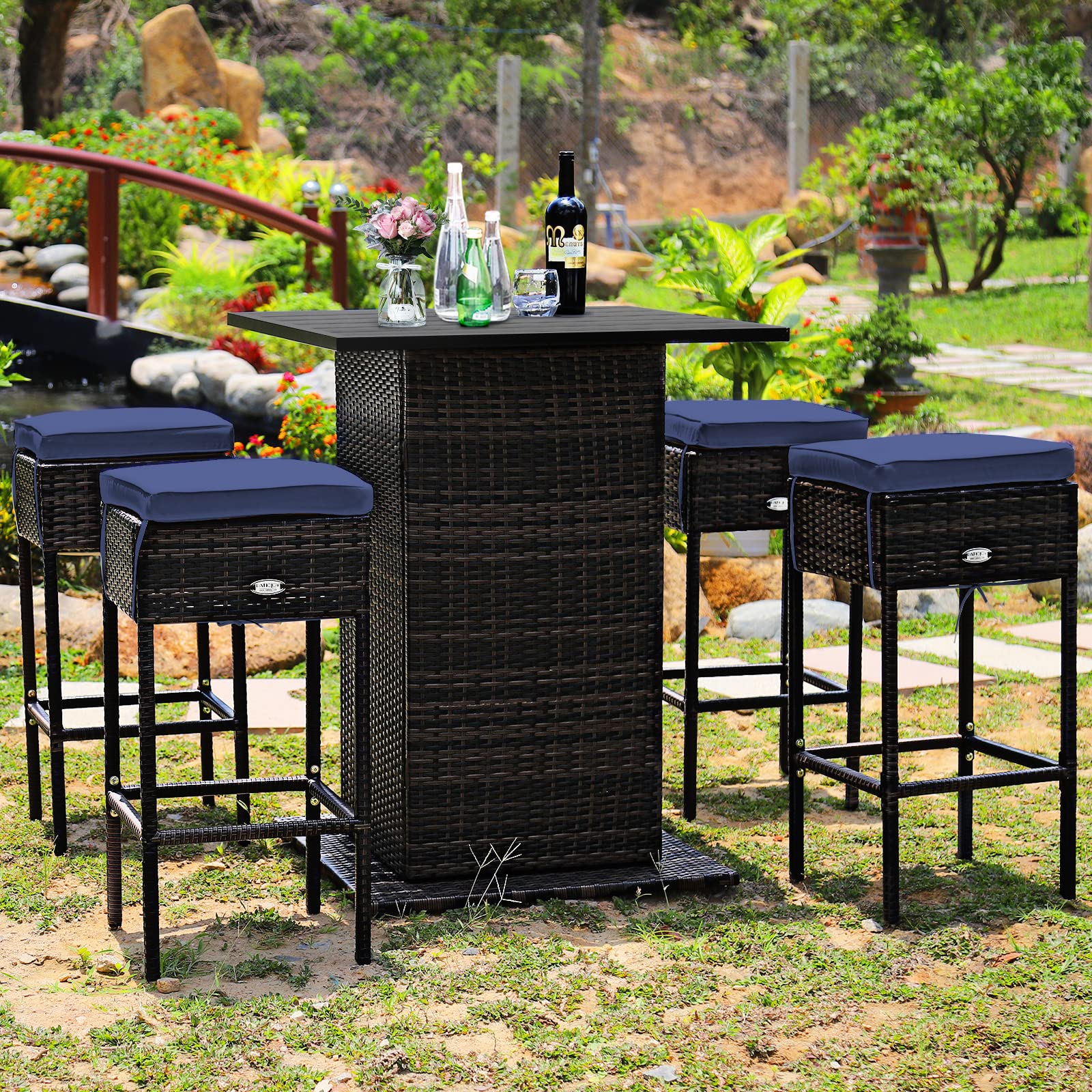 Tangkula 5 Piece Outdoor Rattan Bar Set, Patio Bar Furniture with 4 Cushions Stools and Smooth Top Table with Hidden Storage Shelf, Outdoor Conversation Set for Poolside, Backyard, Lawn (Navy Blue)