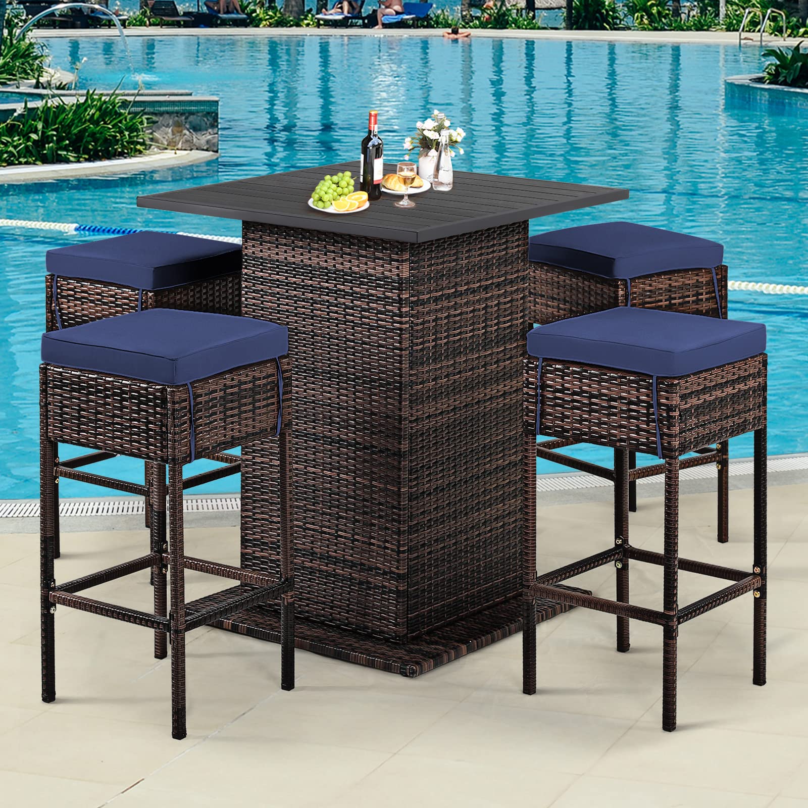 Tangkula 5 Piece Outdoor Rattan Bar Set, Patio Bar Furniture with 4 Cushions Stools and Smooth Top Table with Hidden Storage Shelf, Outdoor Conversation Set for Poolside, Backyard, Lawn (Navy Blue)