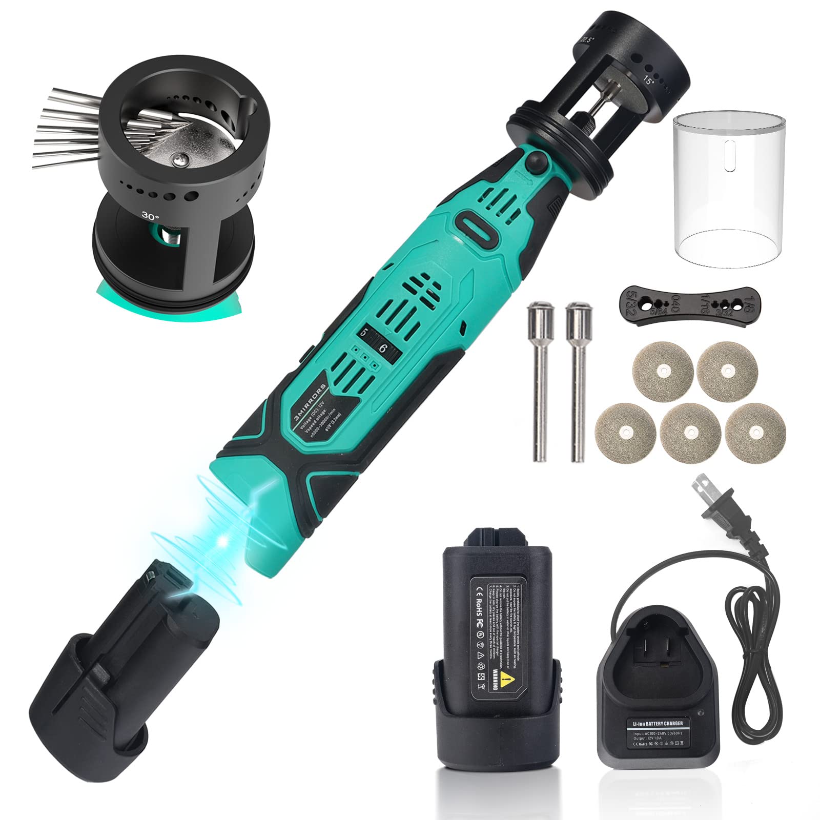 3mirrors Cordless Tungsten Electrode Sharpener Grinder TIG Welding w/ 6-Speed Rechargeable Rotary Multi Tool 24 Guides Multi-Angle w/Healthy Dust Cover, Charger, 5 Pro Diamond Wheels, 2 CNC Mandrels