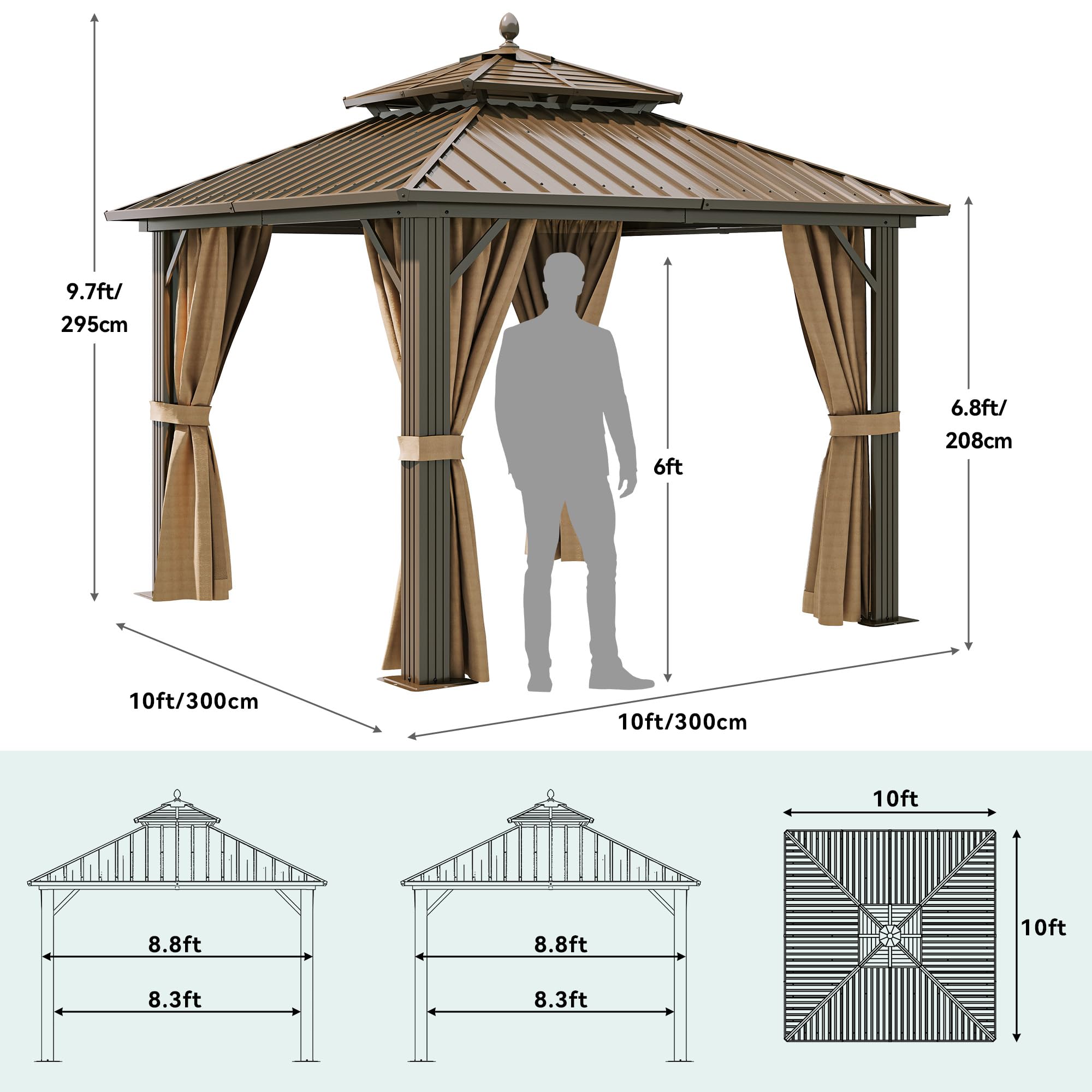 YITAHOME 10x10ft Hardtop Gazebo with Nettings and Curtains, Heavy Duty Double Roof Galvanized Steel Outdoor Combined of Horizontal Vertical Stripes Roof for Patio, Backyard, Deck, Lawn (Bronze)