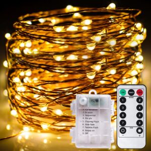 fairy lights 66ft 200 led battery operated string lights with 8 modes remote timer outdoor waterproof warm white copper wire twinkle lights for bedroom, dorm, patio, christmas, party, indoor