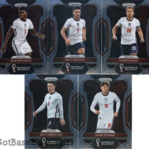 2022 Panini Prizm World Cup Qatar England Team Set of 11 Cards: Bukayo Saka(#84), Declan Rice(#85), Harry Kane(#86), Jack Grealish(#87), John Stones(#88), Jordan Pickford(#89), Jude Bellingham(#90), Kyle Walker(#91), Mason Mount(#92), Phil Foden(#93), Rah