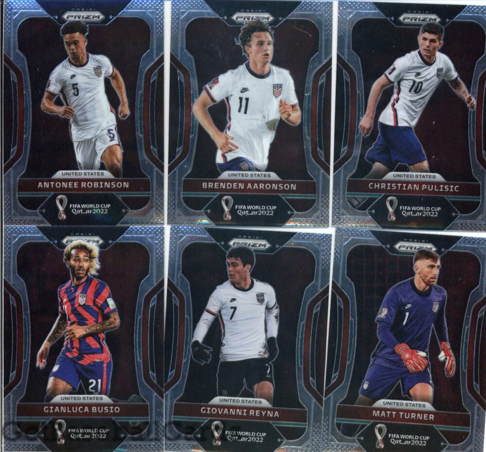 2022 Panini Prizm World Cup Qatar United States Team Set of 12 Cards: Antonee Robinson(#199), Brenden Aaronson(#200), Christian Pulisic(#201), Gianluca Busio(#202), Giovanni Reyna(#203), Matt Turner(#204), Ricardo Pepi(#205), Sergino Dest(#206), Timothy W