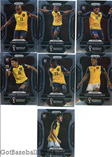 2022 Panini Prizm World Cup Qatar Ecuador Team Set of 7 Cards: Enner Valencia(#77), Felix Torres(#78), Gonzalo Plata(#79), Jeremy Sarmiento(#80), Moises Caicedo(#81), Pervis Estupinan(#82), Piero Hincapie(#83) - GotBaseballCards