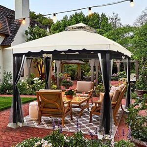 10x10 gazebo with mosquito netting and sand bag, aluminum pole outdoor gazebo with polyester top, fireproof enclosure & waterproof screen patio tent, garden pavilion for backyard, lawn (cream)