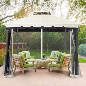 10x10 Gazebo with Mosquito Netting and Sand Bag, Aluminum Pole Outdoor Gazebo with Polyester Top, Fireproof Enclosure & Waterproof Screen Patio Tent, Garden Pavilion for Backyard, Lawn (Cream)