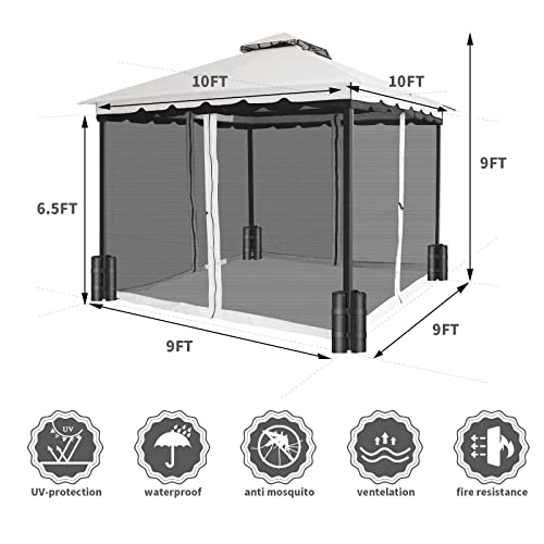 10x10 Gazebo with Mosquito Netting and Sand Bag, Aluminum Pole Outdoor Gazebo with Polyester Top, Fireproof Enclosure & Waterproof Screen Patio Tent, Garden Pavilion for Backyard, Lawn (Cream)