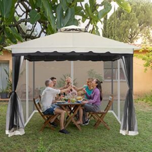10x10 Gazebo with Mosquito Netting and Sand Bag, Aluminum Pole Outdoor Gazebo with Polyester Top, Fireproof Enclosure & Waterproof Screen Patio Tent, Garden Pavilion for Backyard, Lawn (Cream)