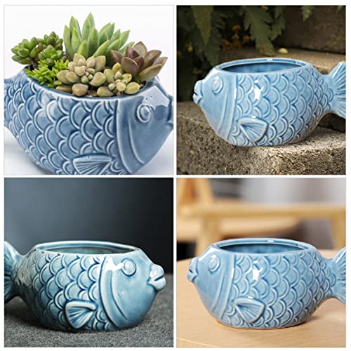 Yardwe Lovely Succulent Statue Sky Office Holder Desktop Planting Hole Home with Garden Bonsai Plants Ceramic Pots Pen Container Mini Cute Fish Flowerpot Table Indoor Herb for Shape