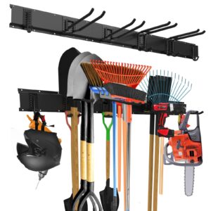 juquline garage storage tool storage rack, heavy duty garage tool organizer wall mount garden yard tool organizer adjustable storage system 48inch max 320lbs, (6hooks+3rails)