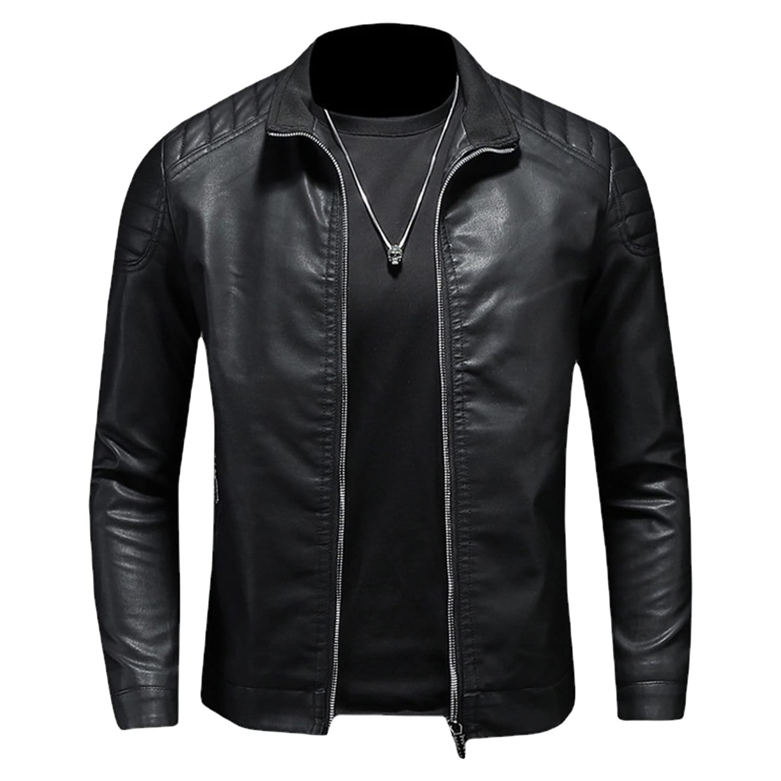 Maiyifu-GJ Mens Faux Leather Motorcycle Jacket Lightweight Slim Fit Stand Collar PU Coat Vintage Zip Up Casual Biker Jackets (Black,XX-Large)