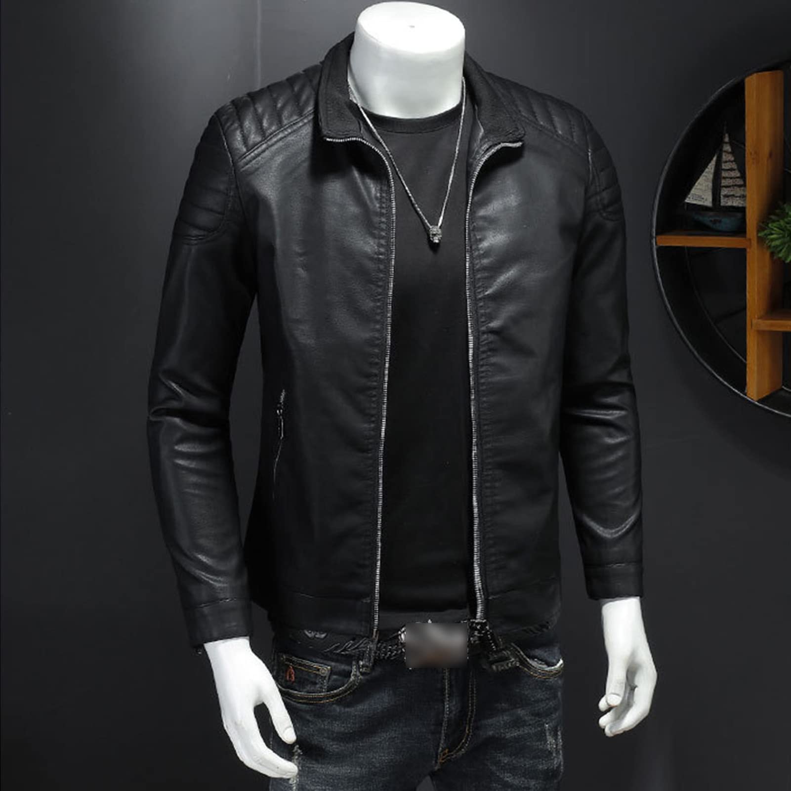 Maiyifu-GJ Mens Faux Leather Motorcycle Jacket Lightweight Slim Fit Stand Collar PU Coat Vintage Zip Up Casual Biker Jackets (Black,XX-Large)