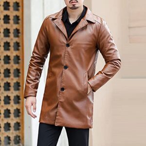 Maiyifu-GJ Men's PU Leather Trench Coat Classic Faux Leather Slim Fit Overcoat Winter Fleece Lapel Windbreaker Jacket (Khaki,Large)